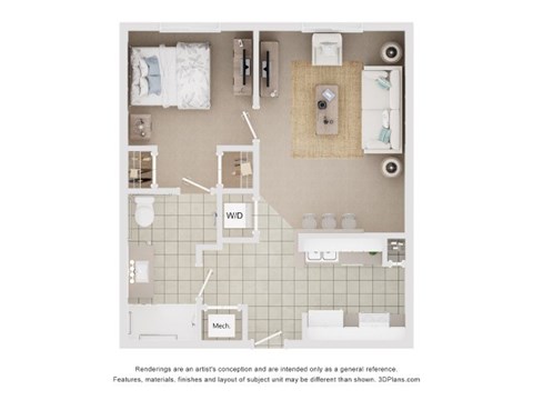 Floor plan for 1 bed, 1 bath, 600 sqft